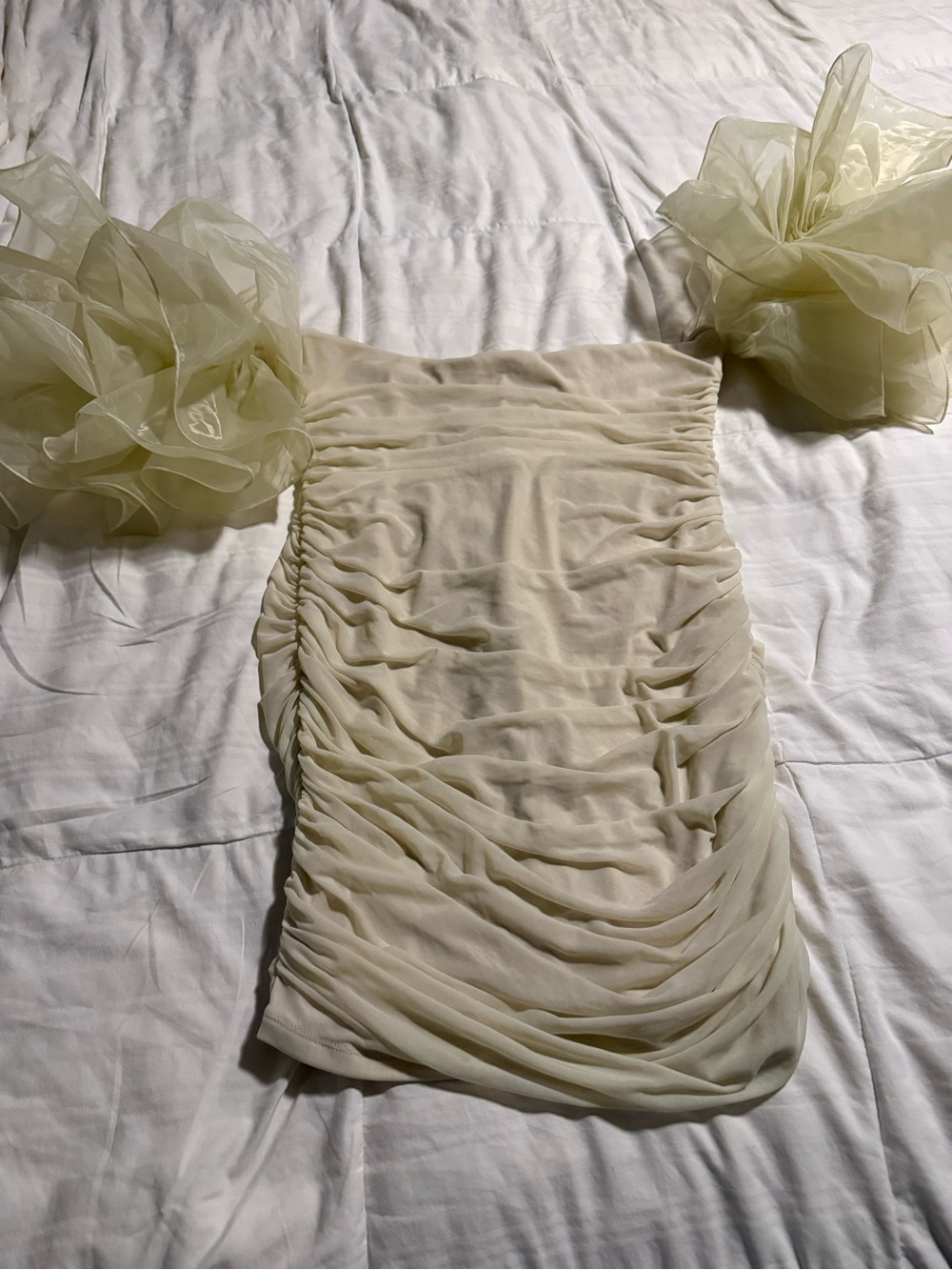 Ivory Ruched Mini Dress with Organza Puff Sleeves